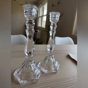 Authentic Tiffany & Co. crystal candlesticks, set of 2, 9” tall.